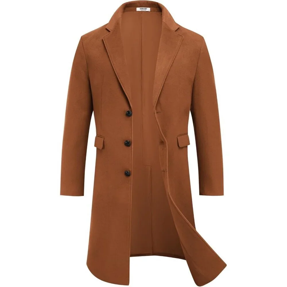 Men’s Long Trench Coat Single-Breasted Wool Blend Overcoat Brown Notched Collar - Picture 6 of 6